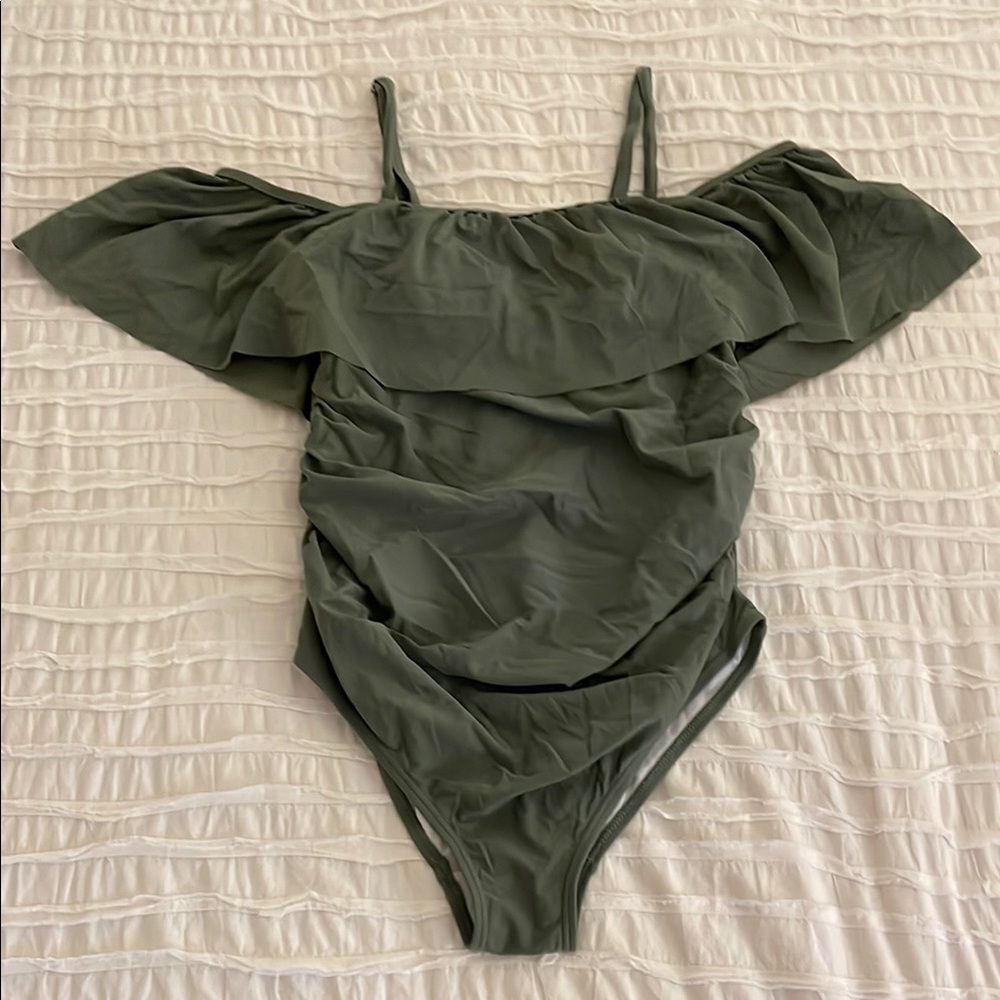 PinkBlush Maternity Ruffle Trim Swimsuit - Olive Green